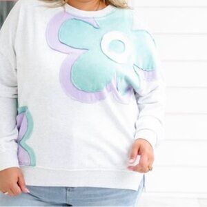 Easel White Sweatshirt with Purple and Green Floral Design